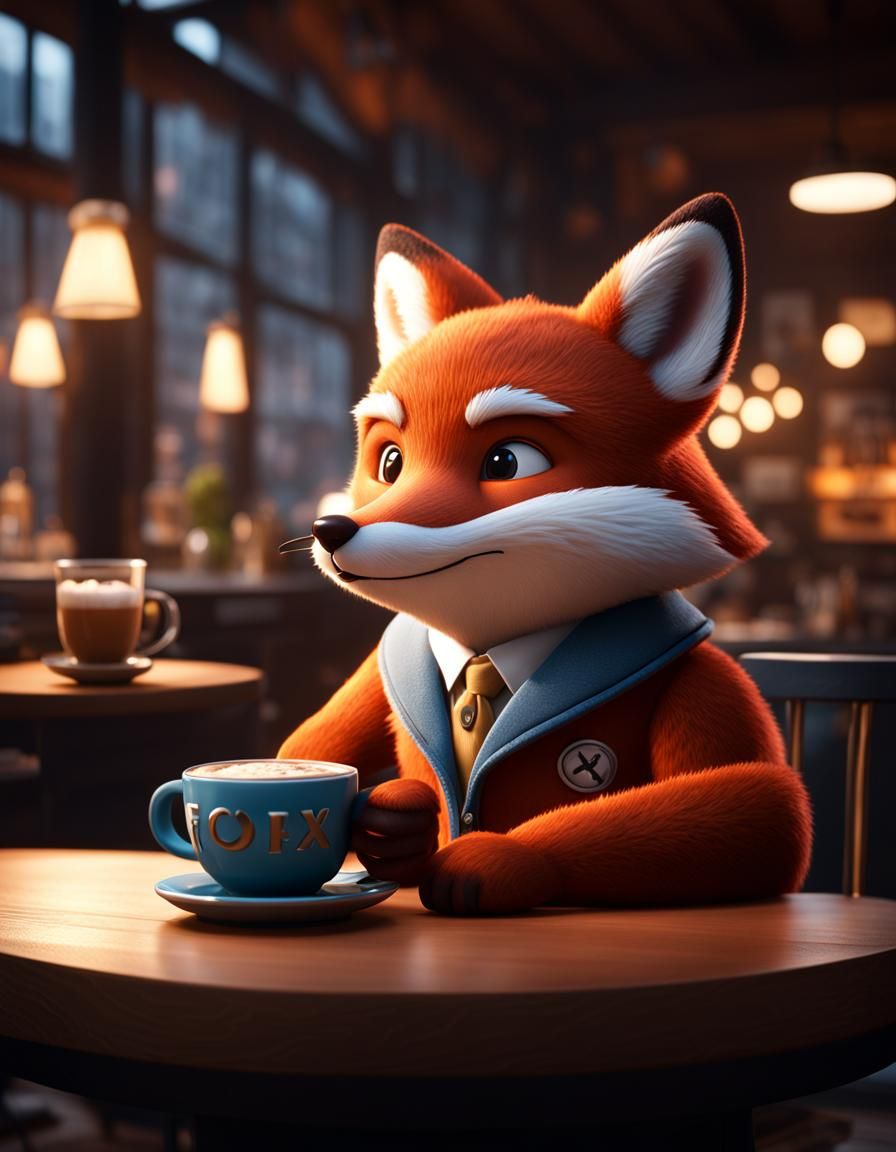 Fox Sipping Hot Chocolate in Coffee Shop