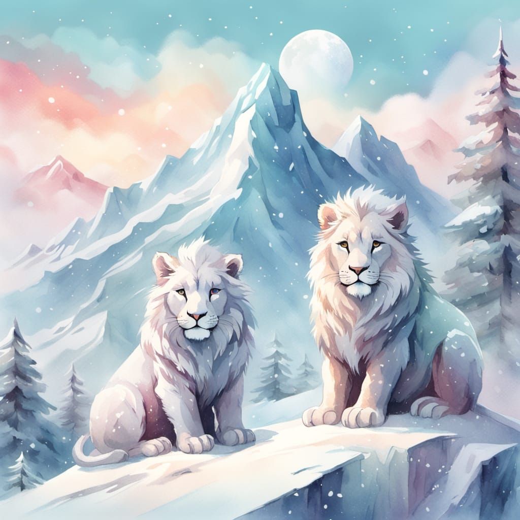 Snowy Mountain Encounter: Whimsical Watercolor Illustration