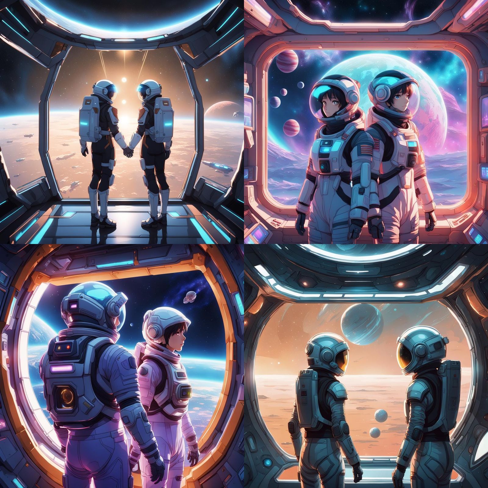 Children in Spacesuits Gaze at Space in Anime Style