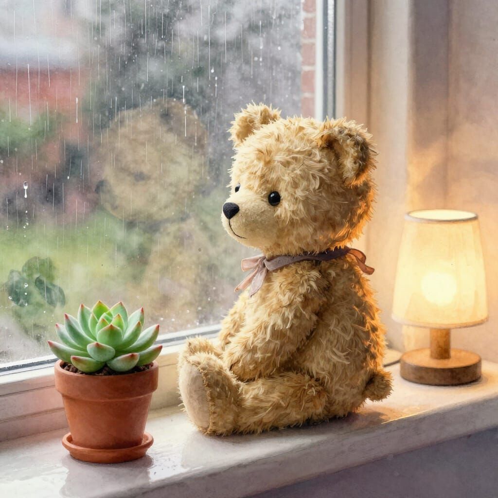 Teddy Bear and Succulent on Rainy Windowsill in Watercolor S...
