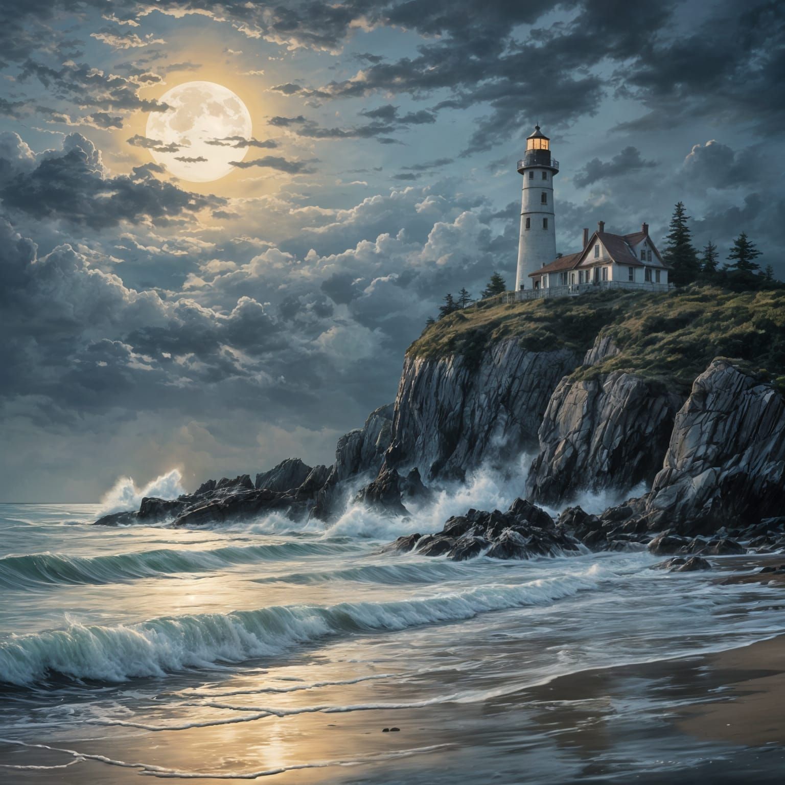 Moonrise Over Coastal Landscape with Lighthouse