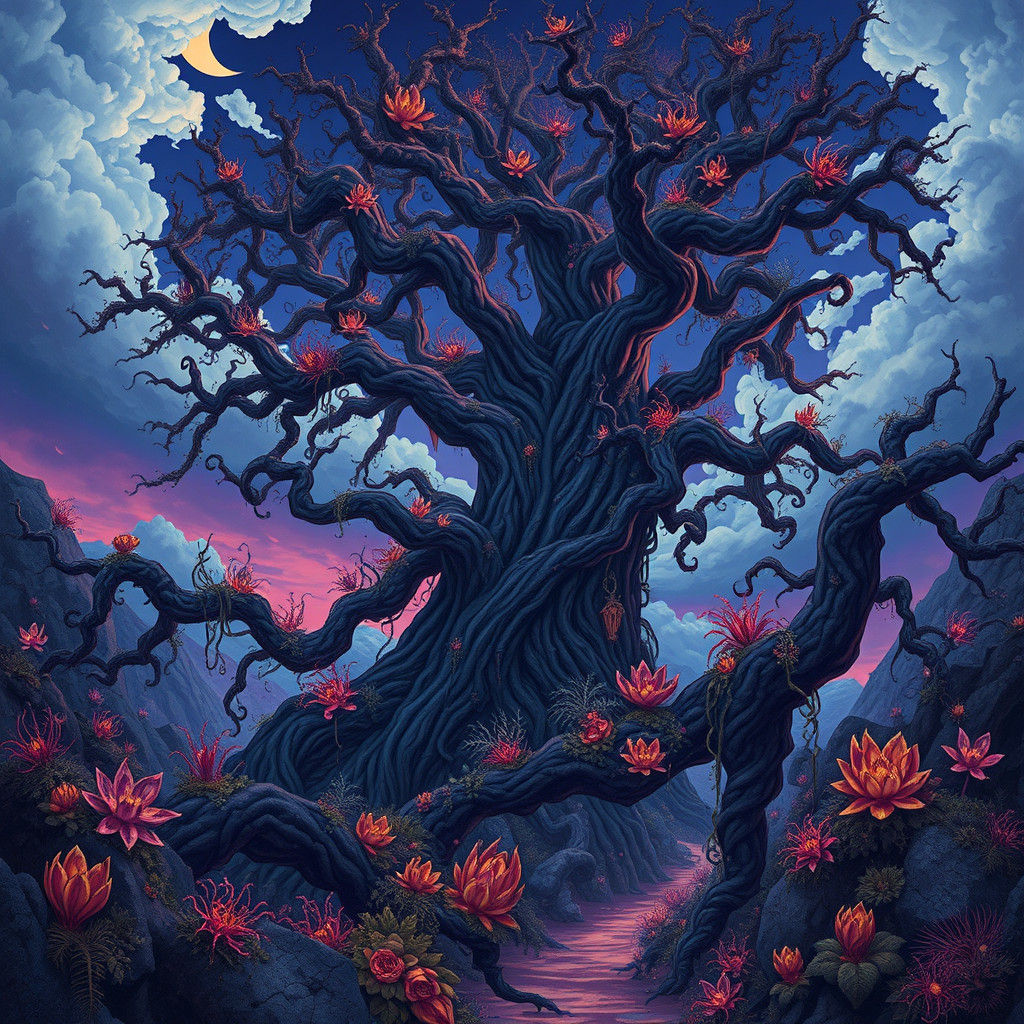 Mystical Realm with Gnarled Trees in Digital Art Style