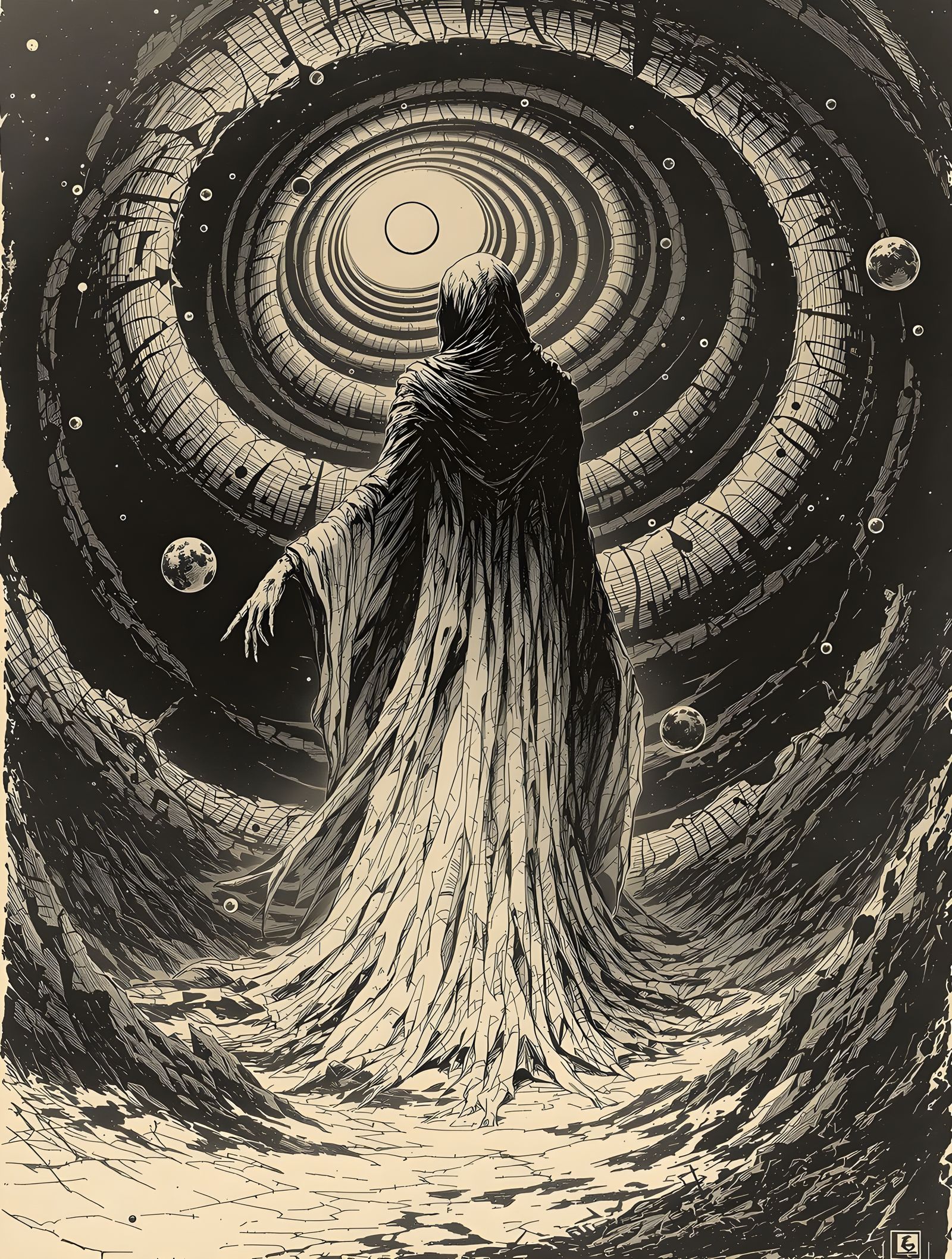 Esoteric Figure Amidst Sacred Geometry