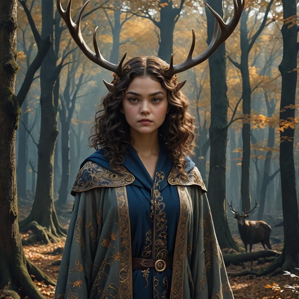 Antlered Woman in Autumn Forest: Fantasy Concept Art