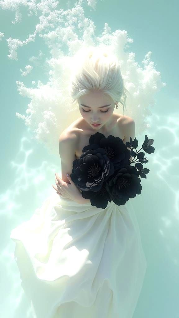 Ethereal Woman with Black Flowers, Surrealist Style