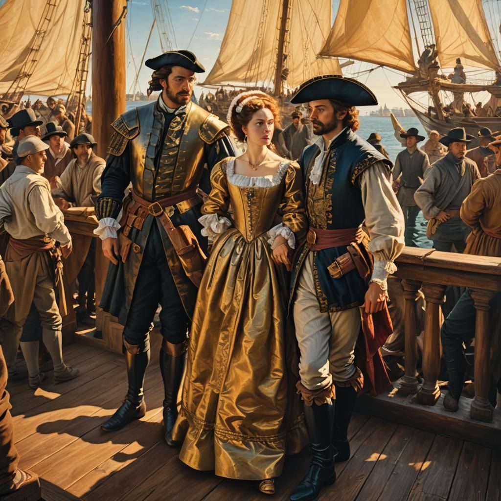 Italian Couple Embarking on Ship, Baroque Oil Painting