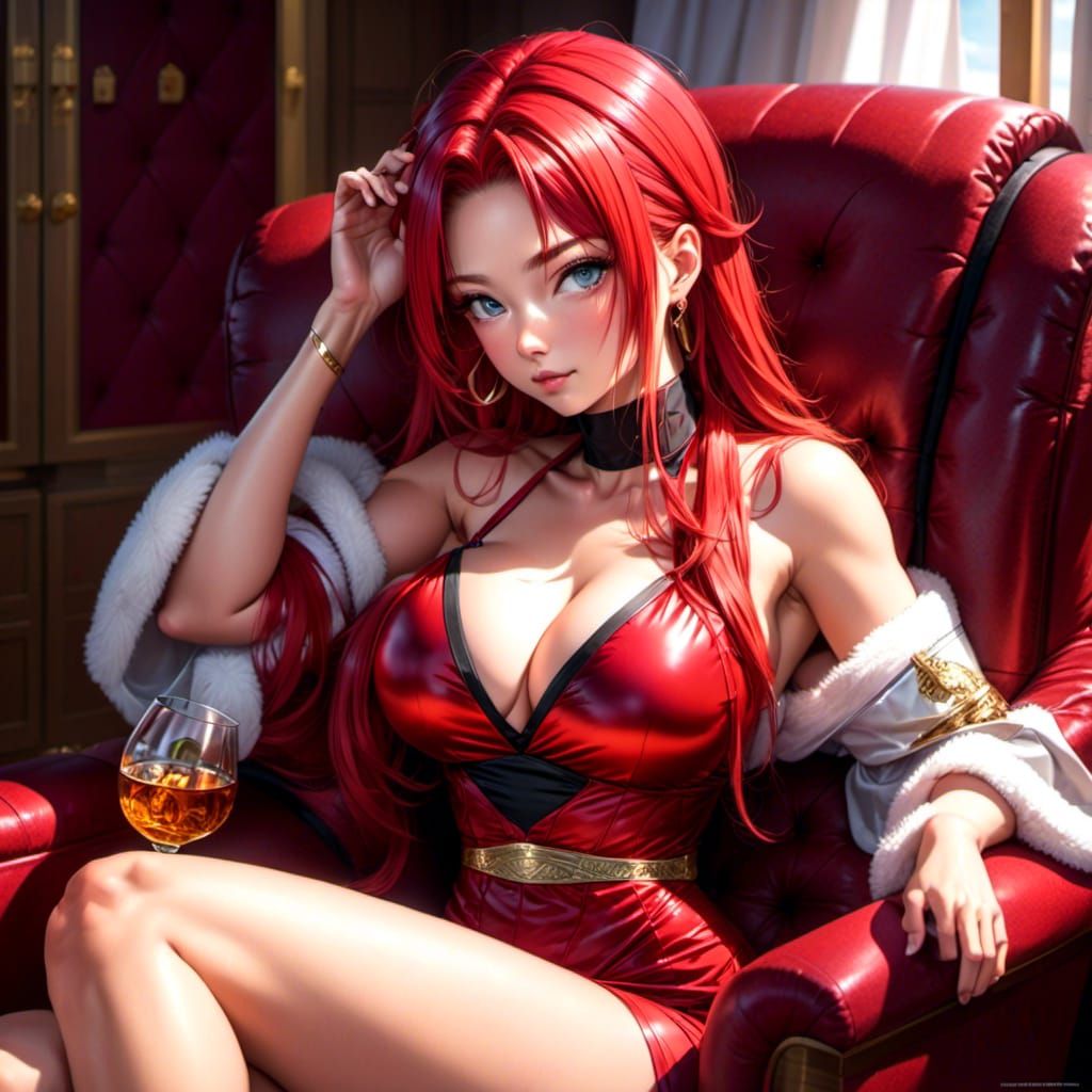 Woman with Red Hair Drinking Whiskey in Armchair