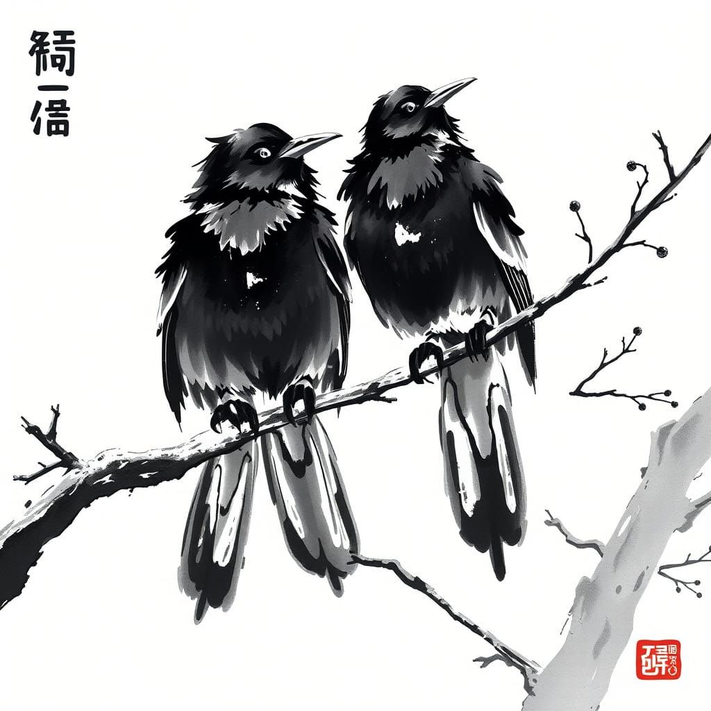 Crows on Branch in Sumi-e Ink Painting Style