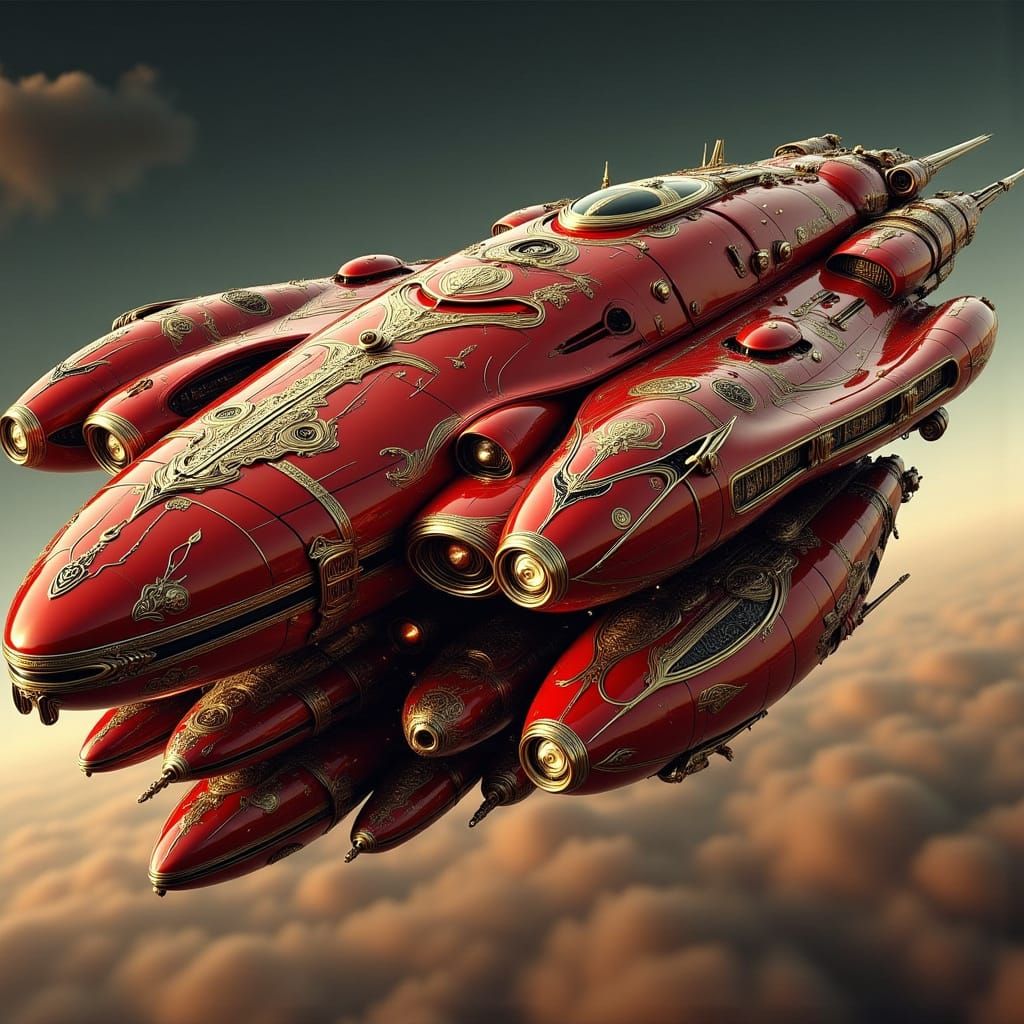 Futuristic Pizza Delivery Spaceship in Rococo-wave Style