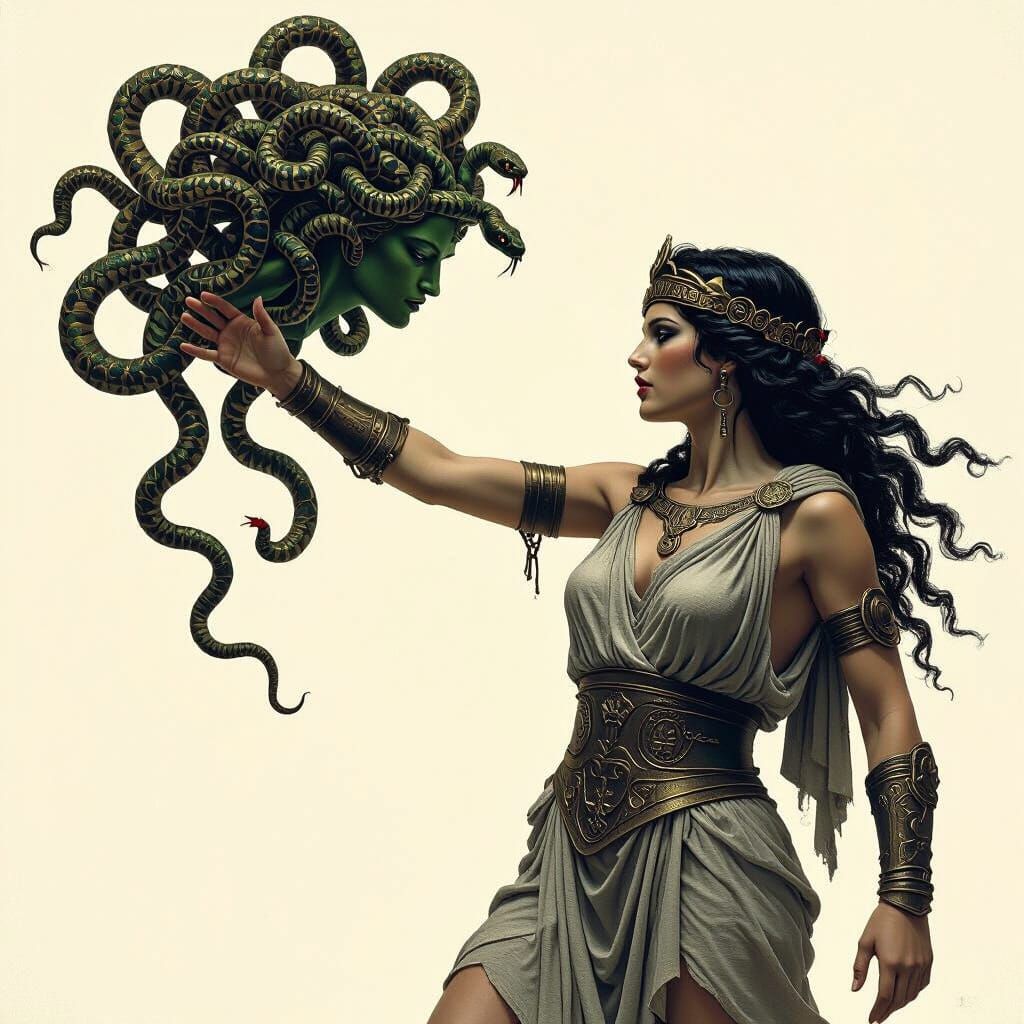 Medusa Reaching for Perseus in Dark Fantasy Style