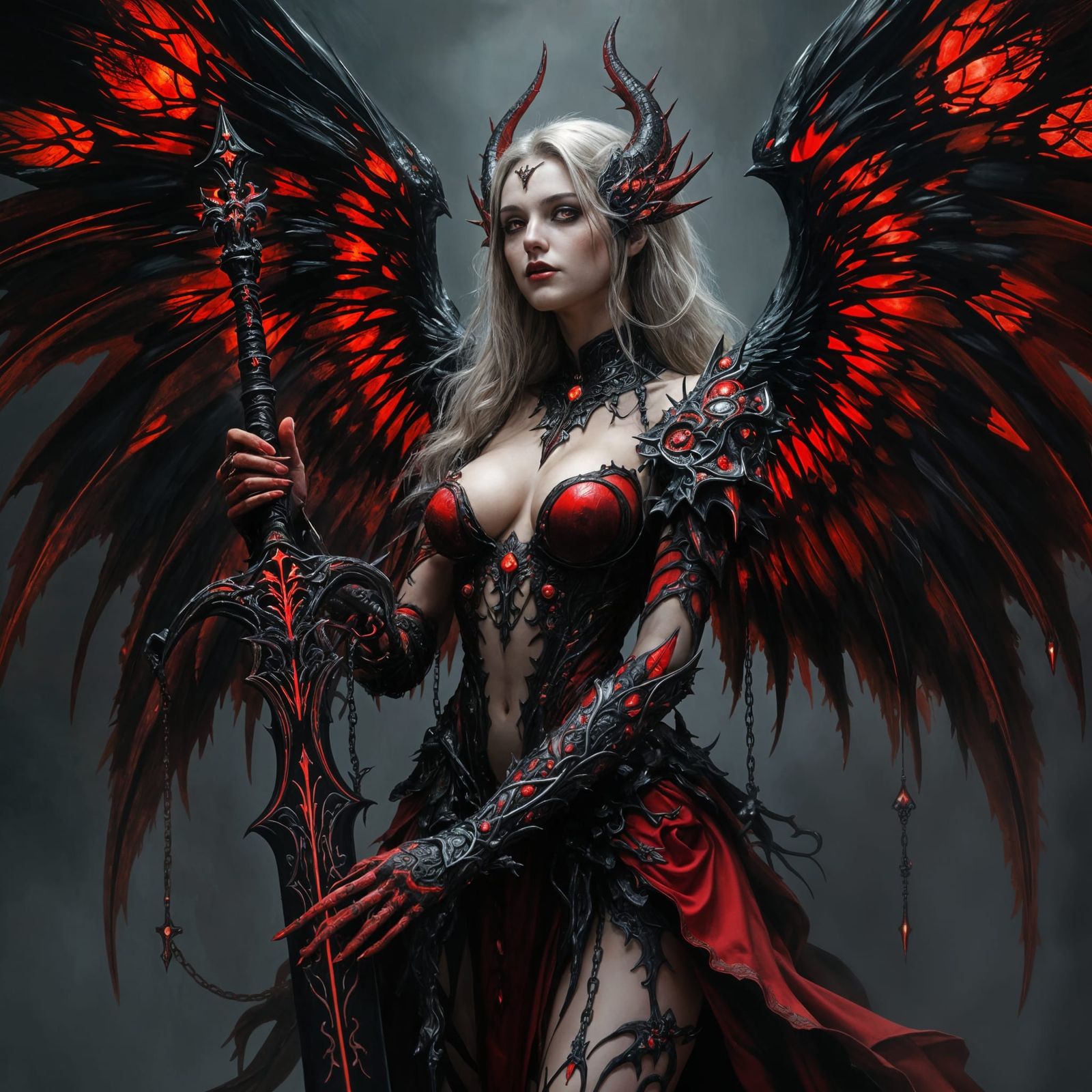 Dark Fantasy Female Angel in Gothic Armor, Holding Ethereal...