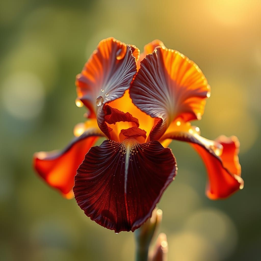Hyperrealistic Chocolate Iris Flower with Glistening Dew