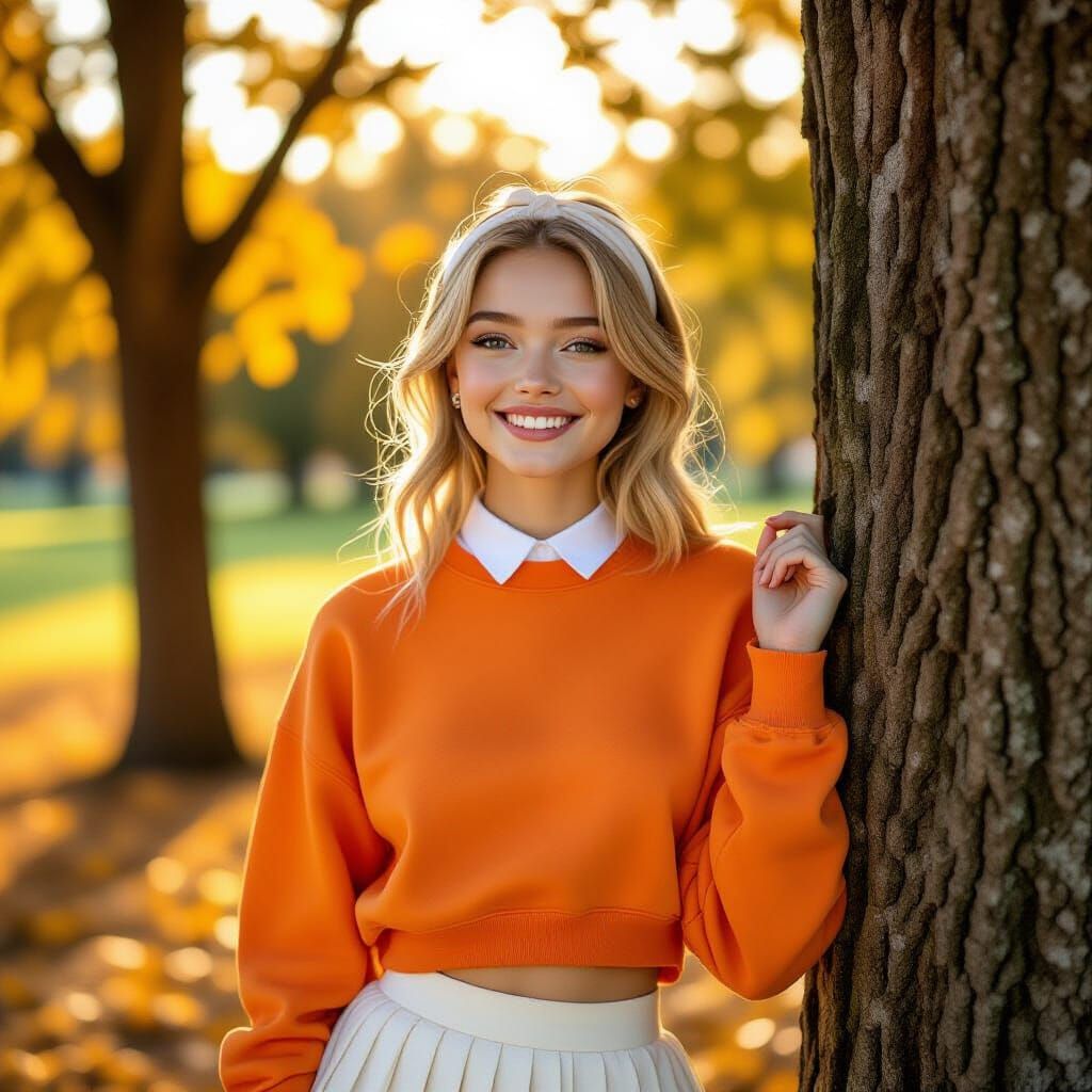 French Supermodel Hugs Tree in Golden Hour Park Photo