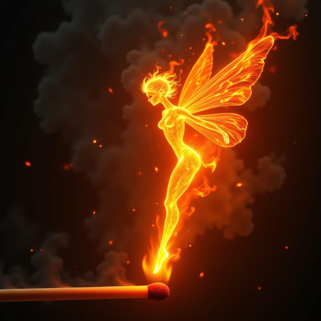Ethereal Fire Fairy Dancing on a Burning Matchstick