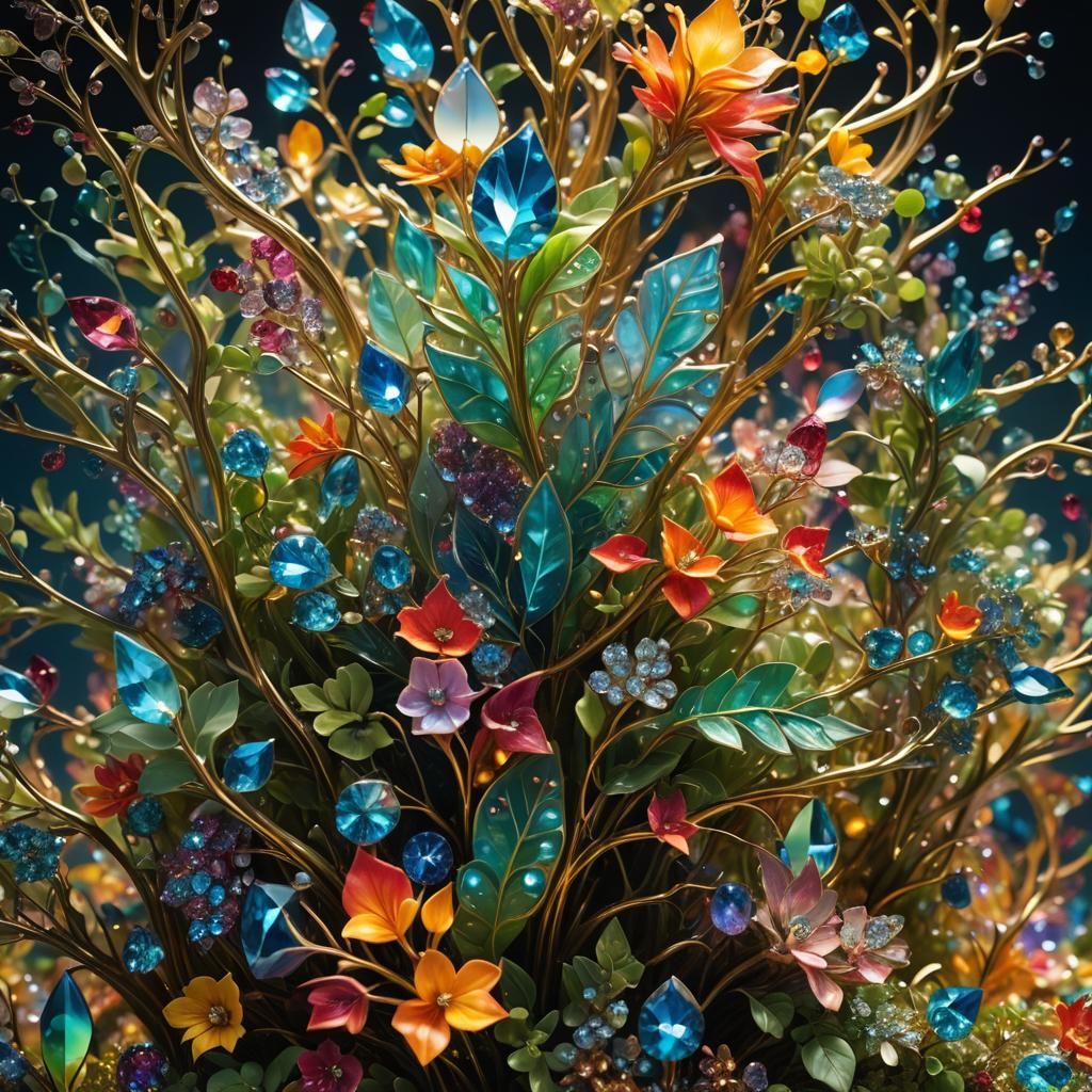 Crystal Formation with Lush Greenery in Surreal Style