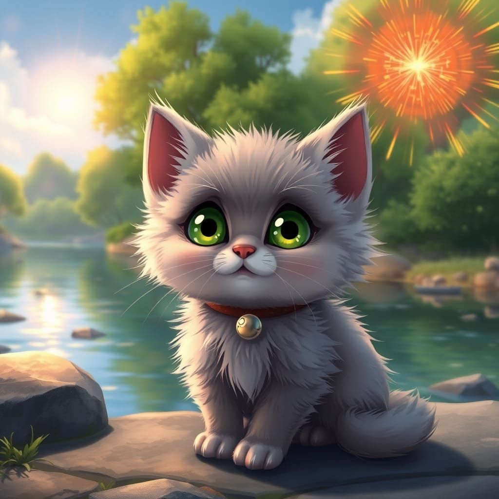 Kitten by River Under Fireball Sky