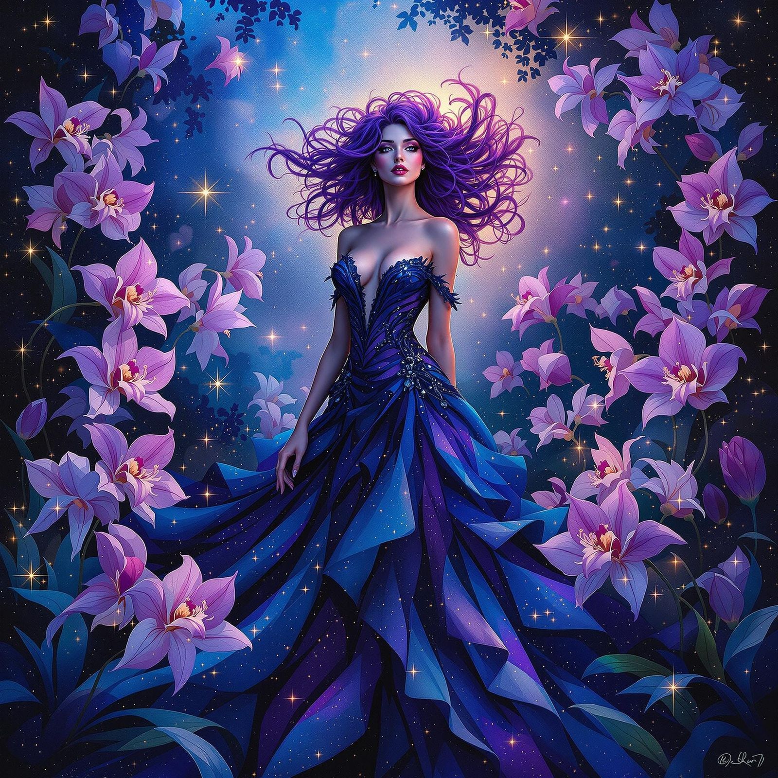 Elegant Violet-Haired Woman in Cosmic Orchid Garden