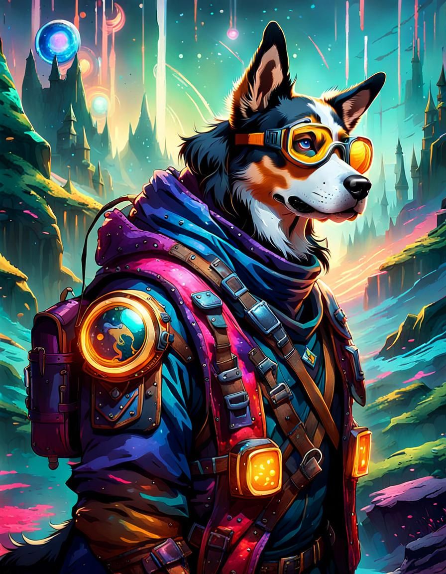 Dog Adventurer in a Neon Fantasy World