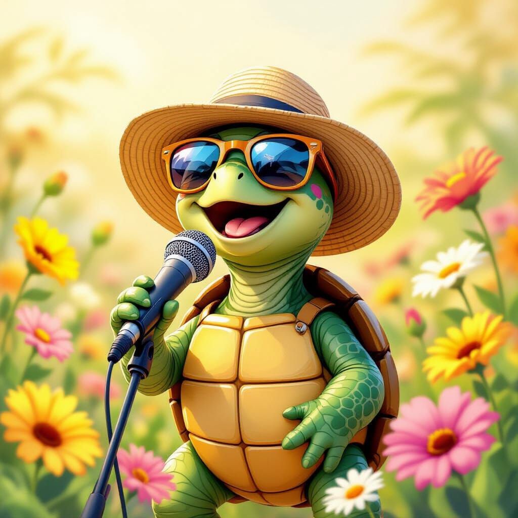 Singing Turtle with Summer Flowers, Loish Style