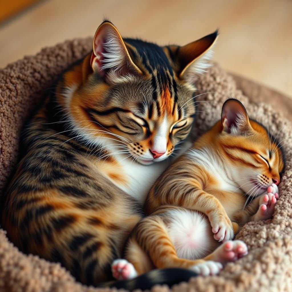 Cat and Mouse Cuddle While Sleeping in Kaleido Colors