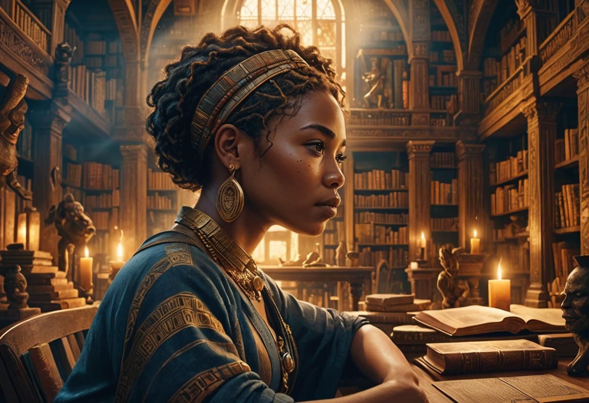 African Library Woman: Hyper-Realistic Fantasy Art