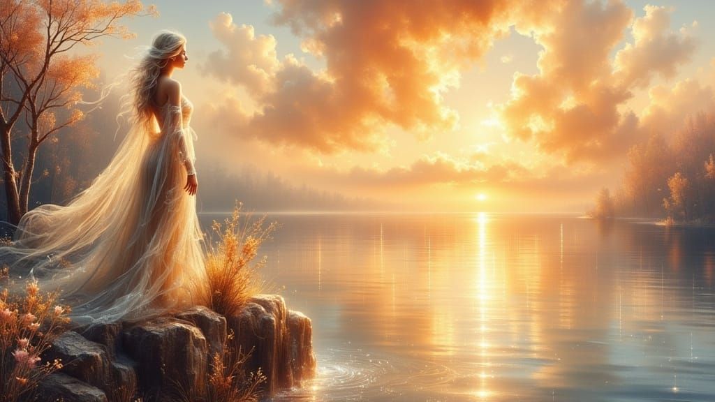 Woman Watching Sunset: Impressionistic Watercolor Painting