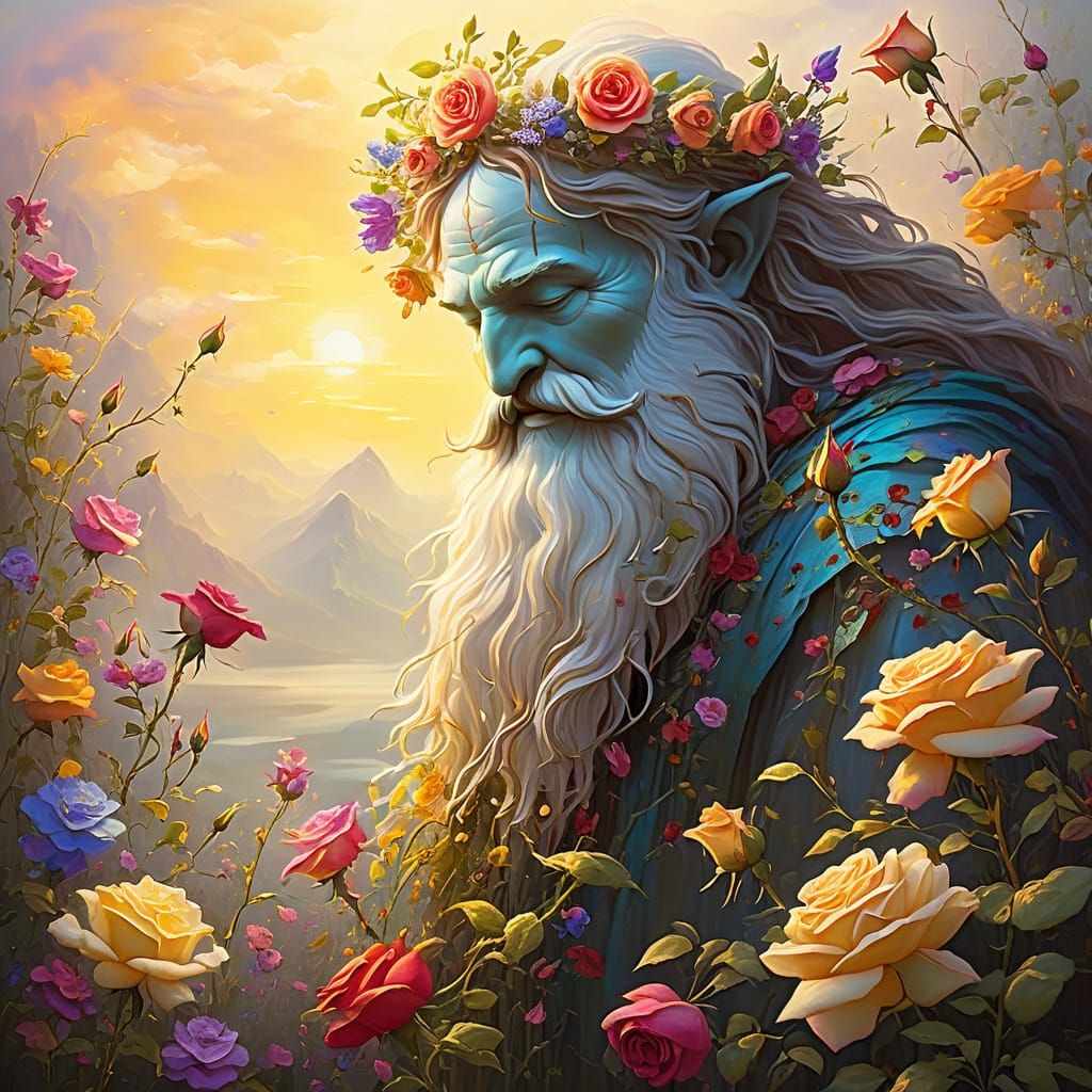 Ethereal Druid God in a Bowing Flower Field