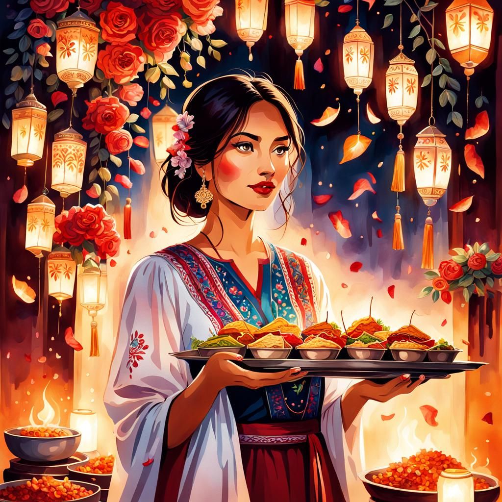 Woman Serving Mexican Cuisine in Watercolor Style