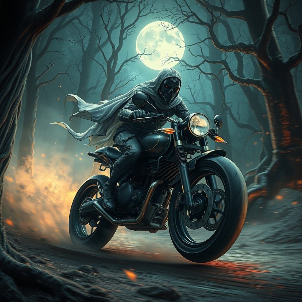 Ethereal Biker Speeds Through a Moonlit, Mystical Forest