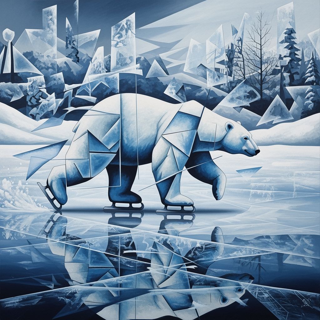 Cubist Polar Bear Ice Skating in Surreal Snowscape