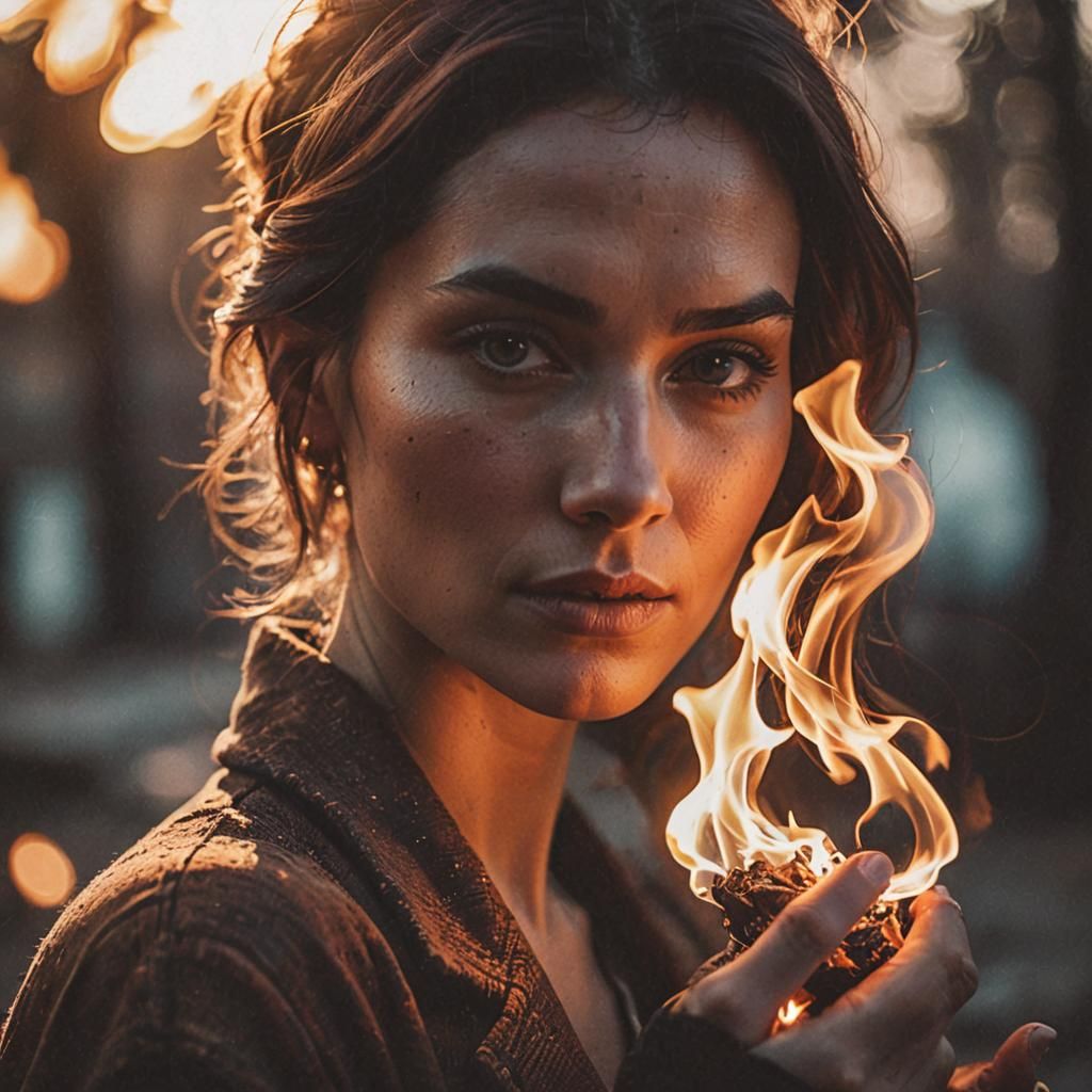 Woman Holding Fire: Dramatic Cinematic Portrait