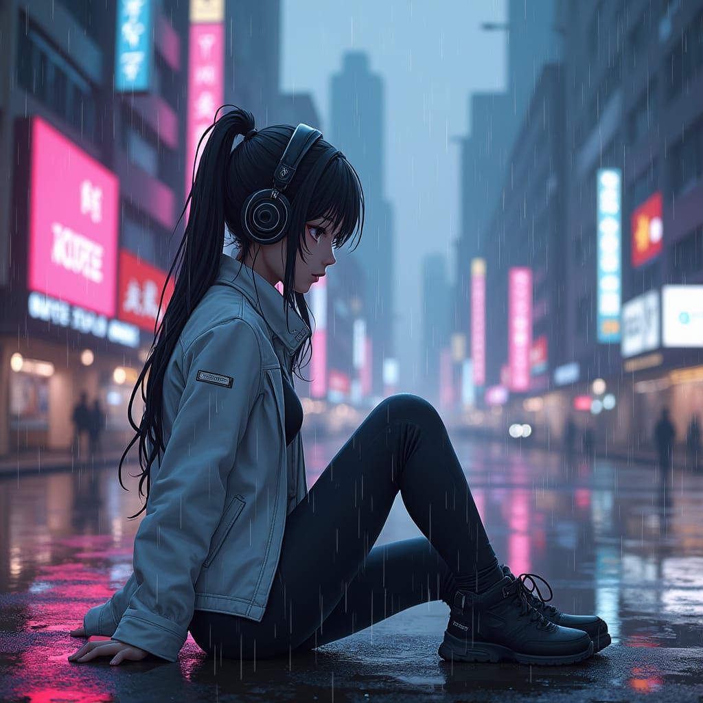 Cyberpunk Anime Woman in Rainy Cityscape