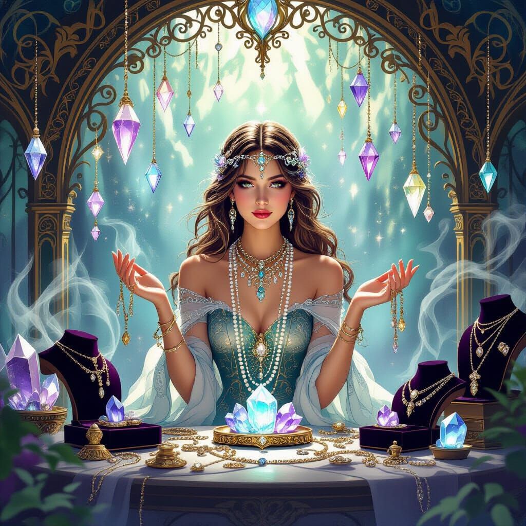 Mystical Clairvoyant Jewellery Shop with Glowing Crystals
