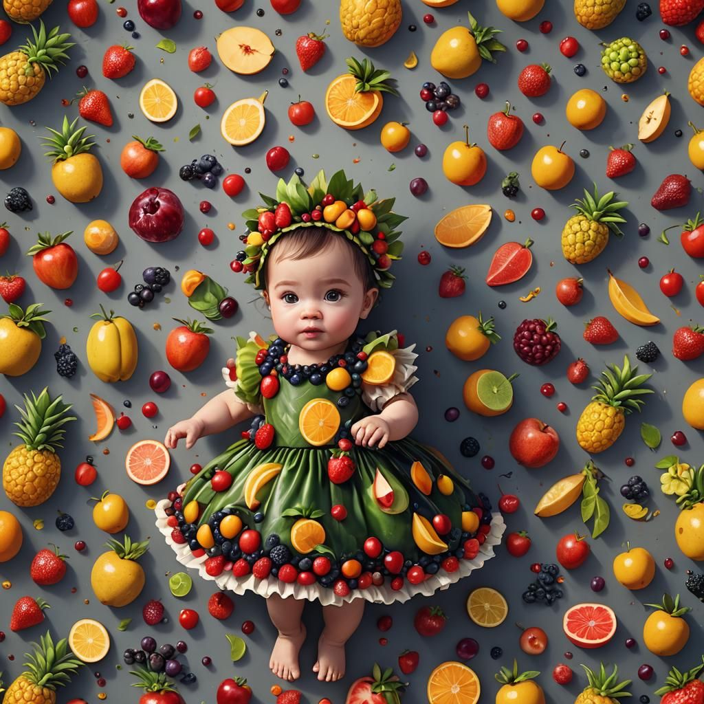 Baby Girl in Fruit Dress: Detailed Fantasy Art