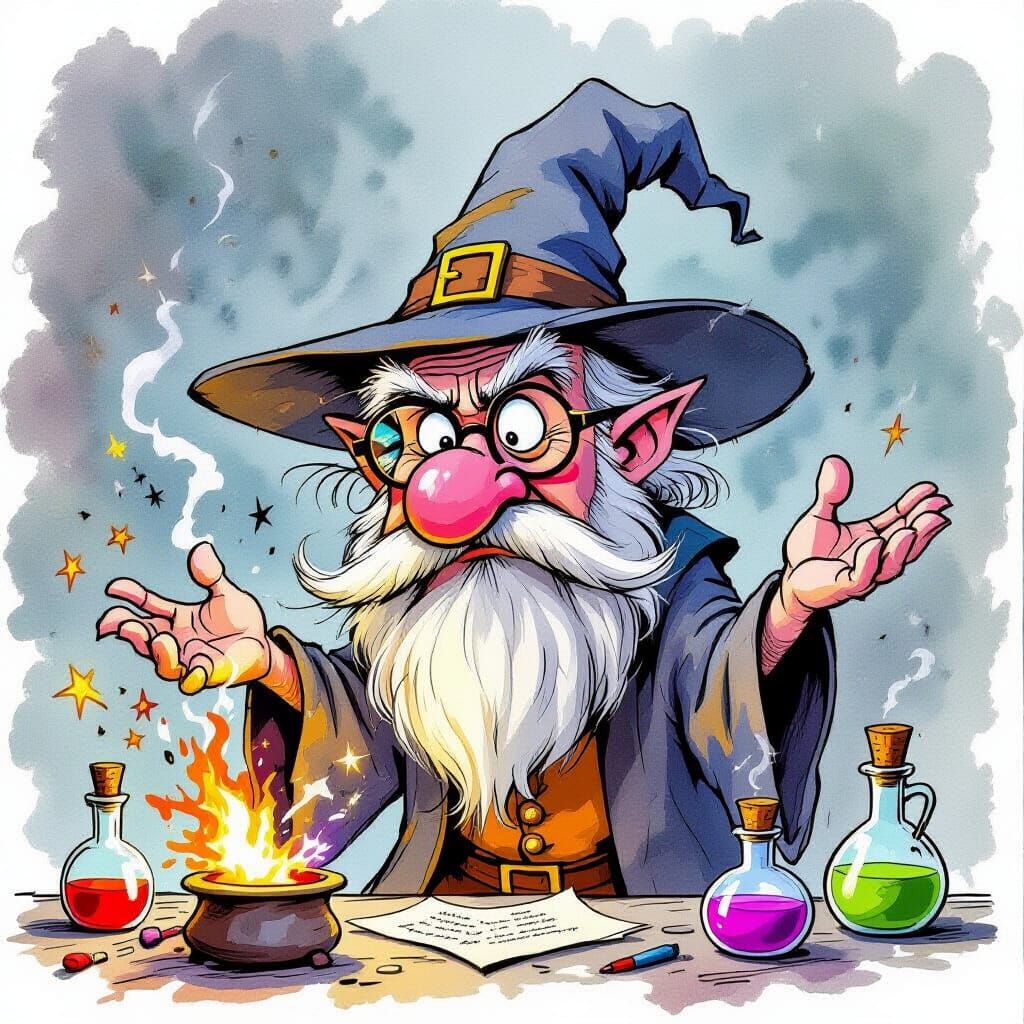 Grumpy Wizard Conducts Chaotic Magic in Watercolor Style