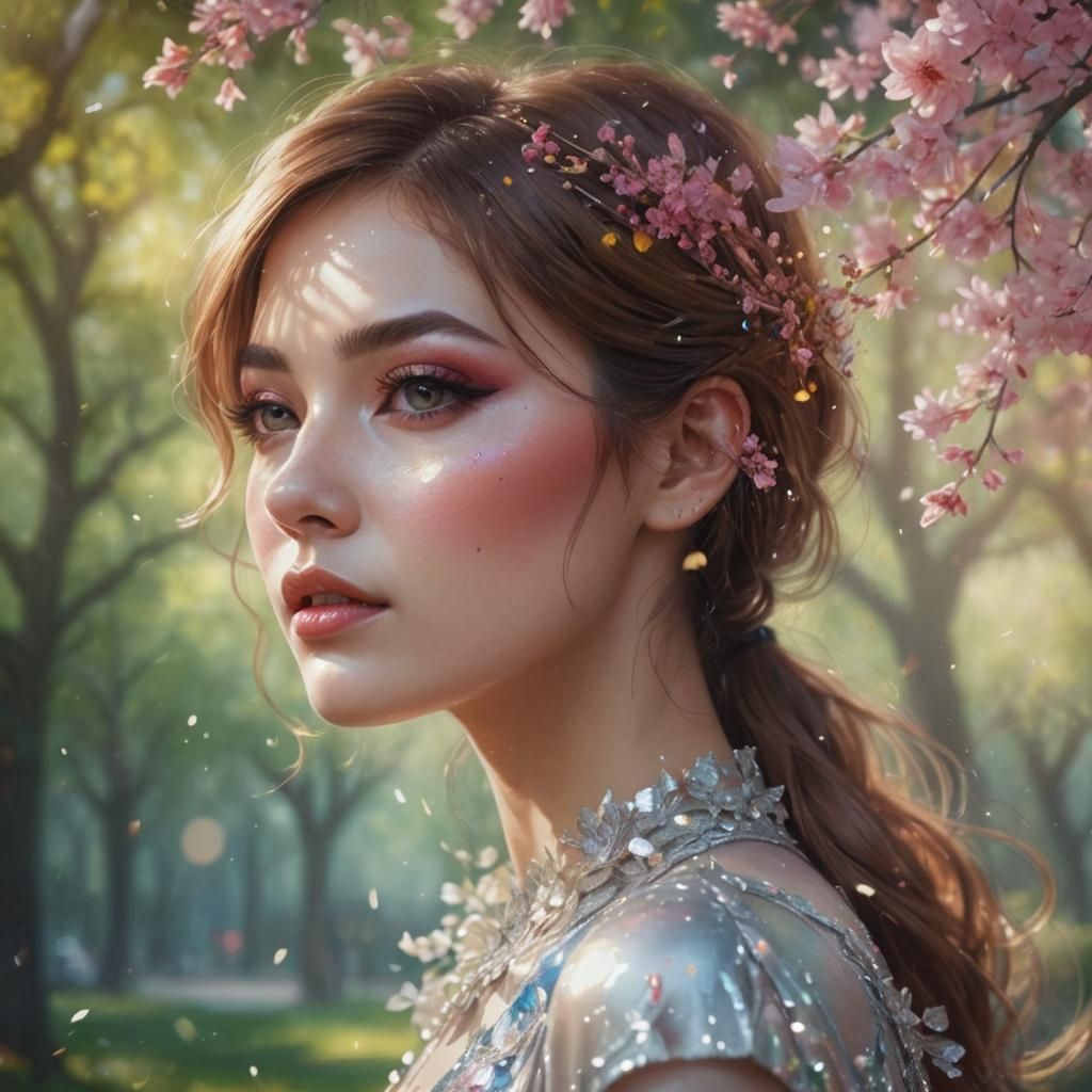 Cute Woman in Park: Hyperrealistic Splash Art