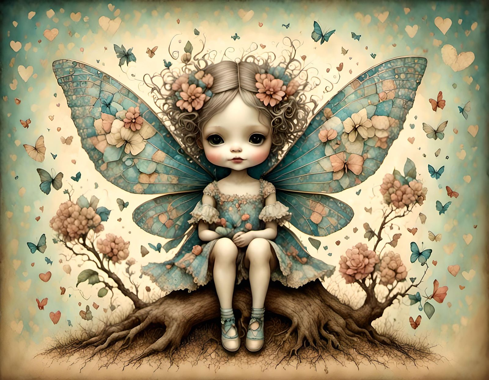 Patchwork Fairy in Flowering Tree Sketch