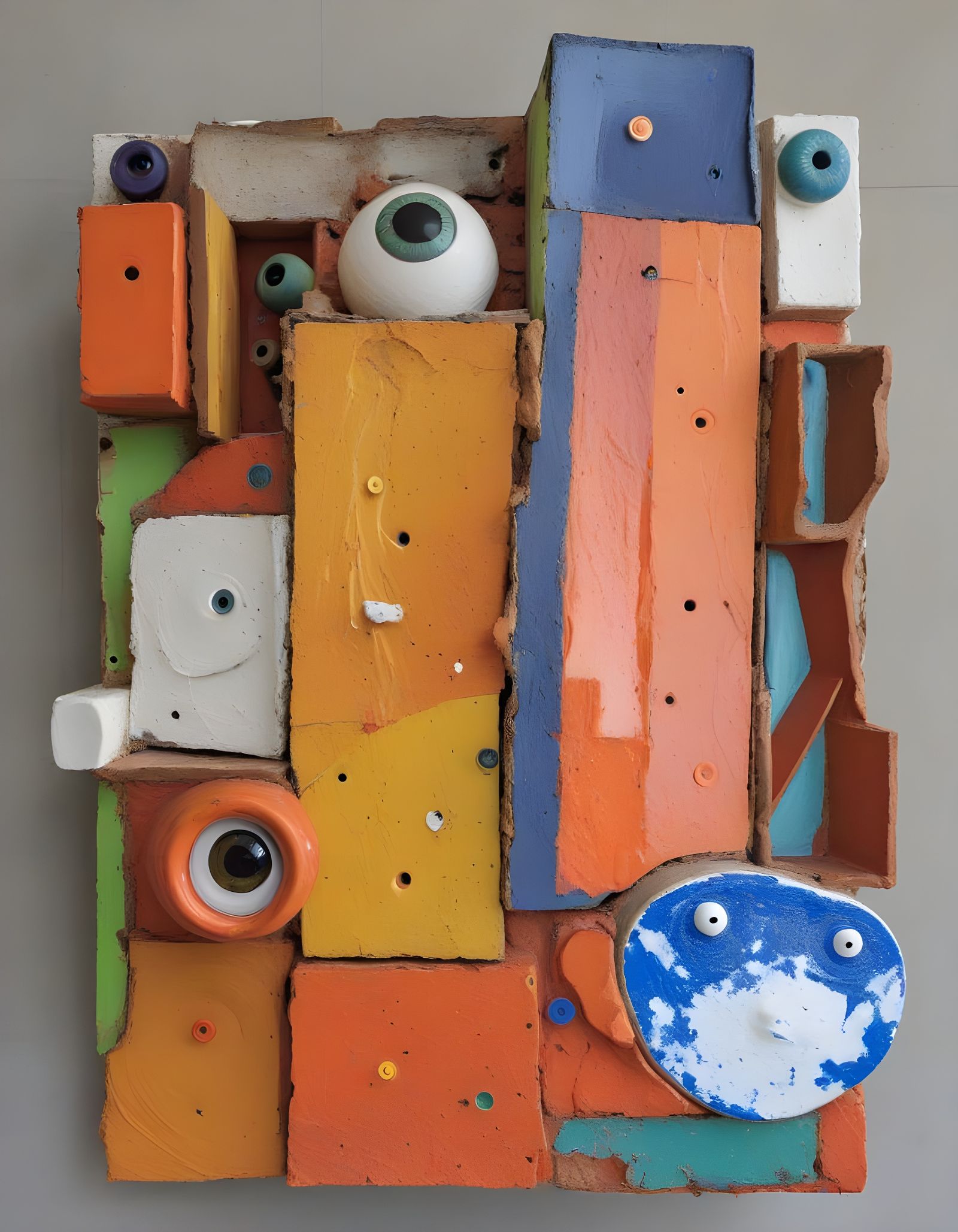 Abstract Ceramic Sculpture with Googly Eyes in White Stucco