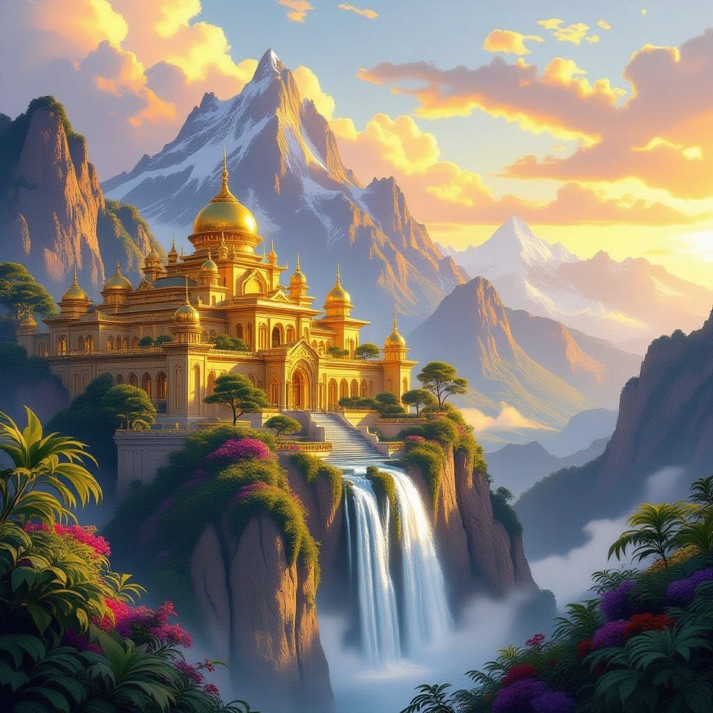 Golden Palace Beside Waterfall Atop Mountain Peak