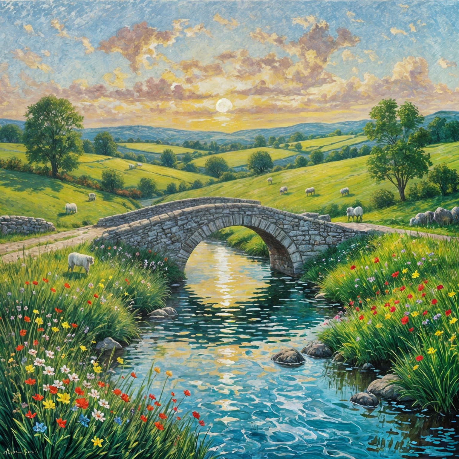 Idyllic English Countryside in Neo-Impressionist Style