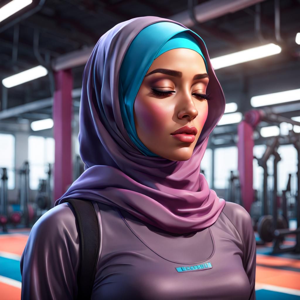 Hijabi Woman Portrait in Gym, Digital Art Style