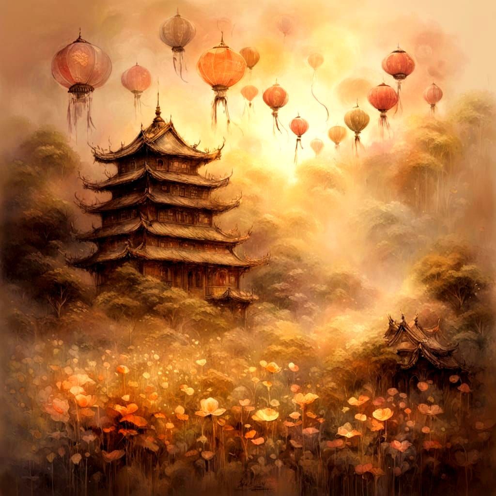 Dreamlike Chinese Lanterns in Sepia Tones
