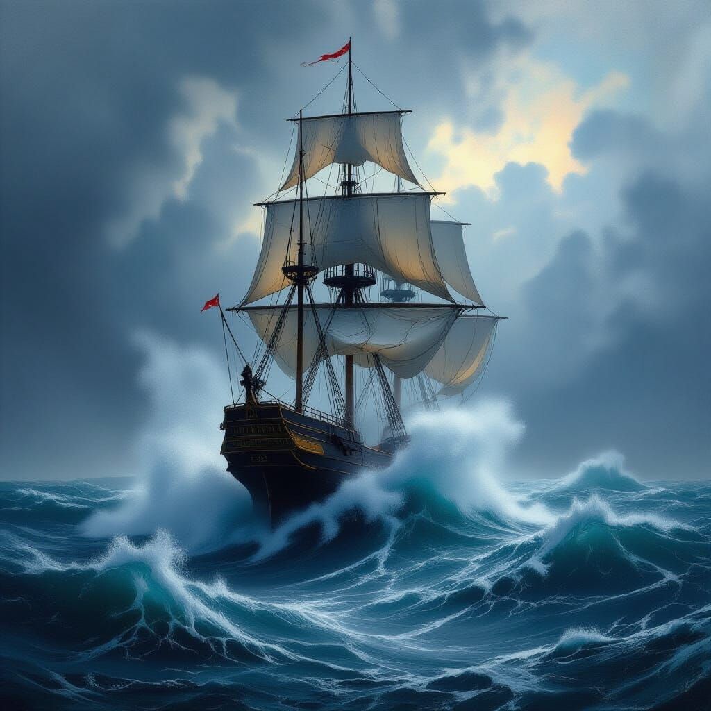 Majestic Ship Battles Stormy Seas in Romantic Landscape