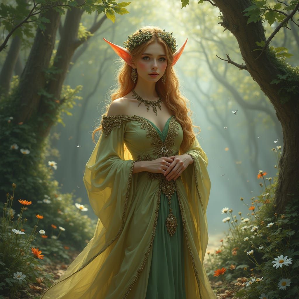 Elegantly Dressed Elf in Whimsical Forest