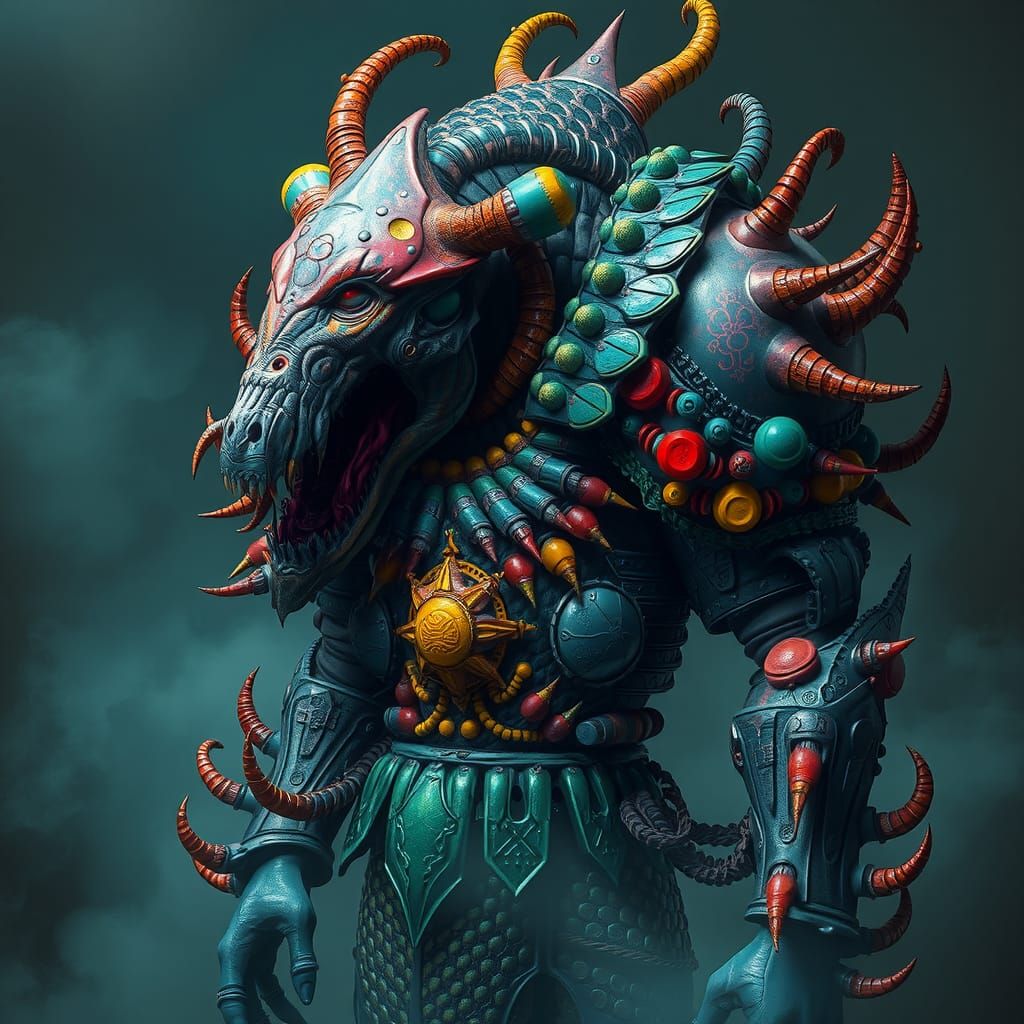 Grotesque Armored Figure in Biomechanical Style