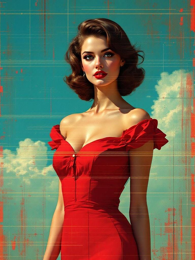 Woman in Red Dress with Digital Glitch Overlay