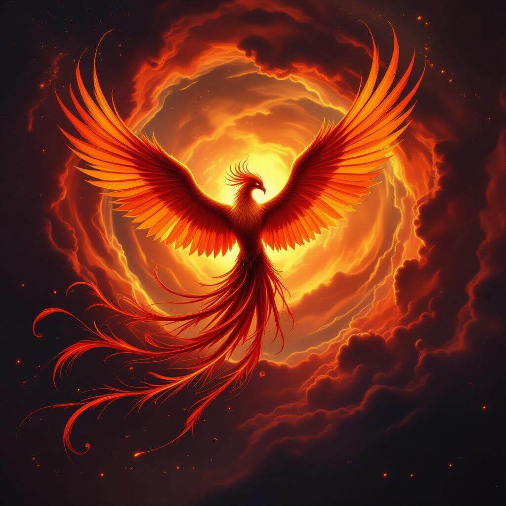Majestic Phoenix Rises from Cosmic Nebula in Fantasy Art Sty...