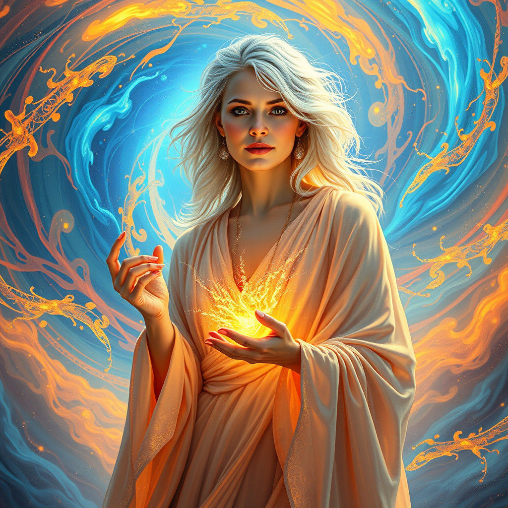 Ethereal Goddess Amidst Fiery Vortex in Digital Art