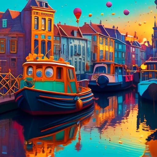 Colorful Canal Boat Scene in Vibrant Claymation Style