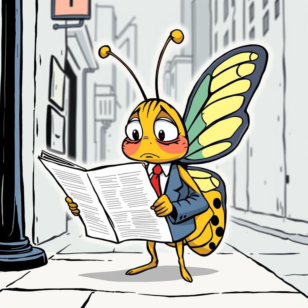 Anthropomorphic Butterfly Reads Newspaper in Comic Style